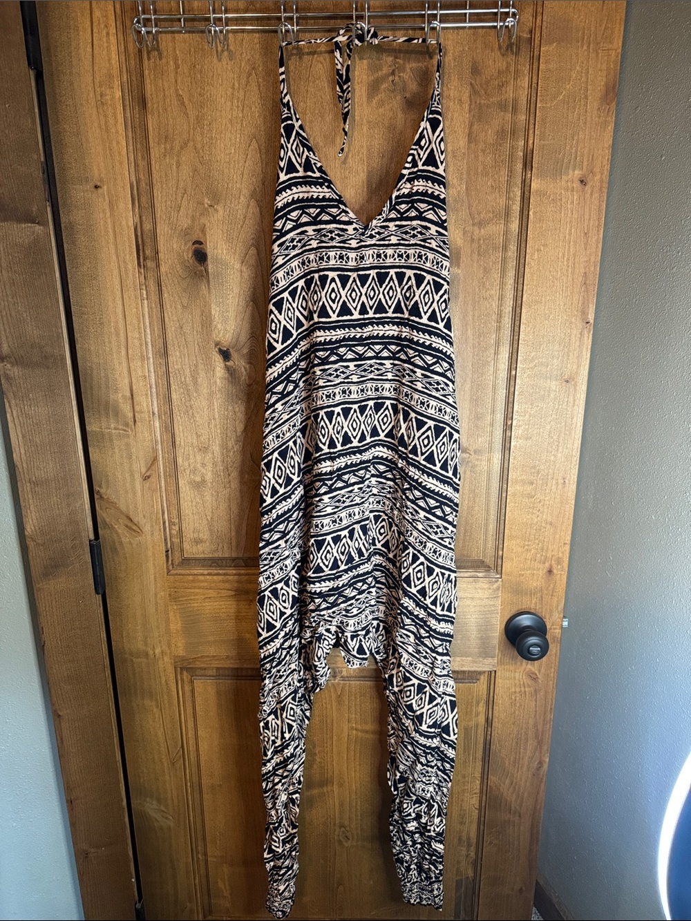 Buddha Pants Catsuit: Halterneck Boho Printed Harem Jumpsuit - Black & Cream